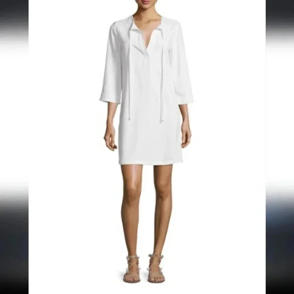 Trina Turk 3/4 Sleeve Tie Neck White Fully Lined Shift Dress(4)
